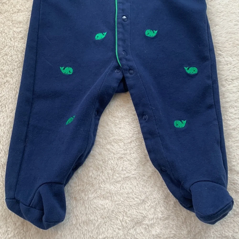 Little Me Navy Blue & Green Whale Footie 6M EUC